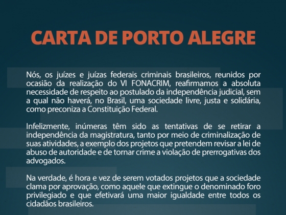 "Juízes Federais brasileiros não se dobrarão aos ataques que vêm ocorrendo", diz carta produzida no VI FONACRIM